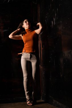 Güzel esmer model, karanlık odada poz veriyor. 
