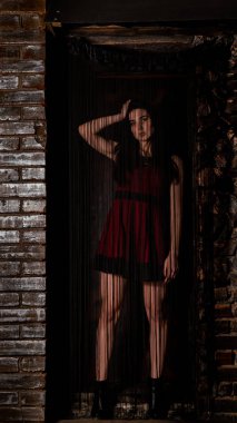 Koyu renk saçlı, kırmızı elbiseli, karanlık stüdyoda poz veren genç ve seksi bir kadın..