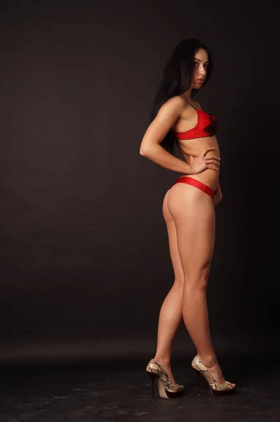 Mujer Joven Guapa Morena Con Ropa Cama Moda Estudio —  Fotos de Stock