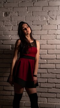 Koyu renk saçlı, kırmızı elbiseli, karanlık stüdyoda poz veren genç ve seksi bir kadın..