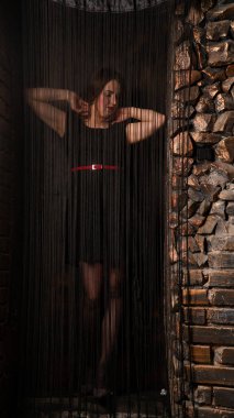 Siyah ipliklerin arkasında poz veren kadını baştan çıkar..