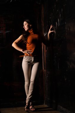 Güzel esmer model, karanlık odada poz veriyor. 