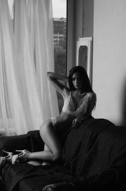 İç çamaşırlarıyla kanepede poz veren sevimli, çekici, çekici bir kızın portresi. 