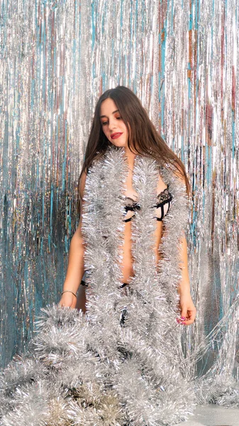 Beautiful Sexy Woman Shiny Christmas Tinsel Posing Studio Holiday Concept — Stock Photo, Image