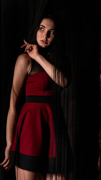 Pretty Young Sexy Model Female Dark Hair Red Dress Posing — Stock Photo, Image