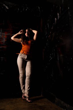 Güzel esmer model, karanlık odada poz veriyor. 