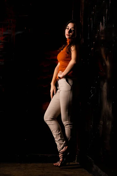Mooi Brunette Model Poseren Donkere Kamer — Stockfoto