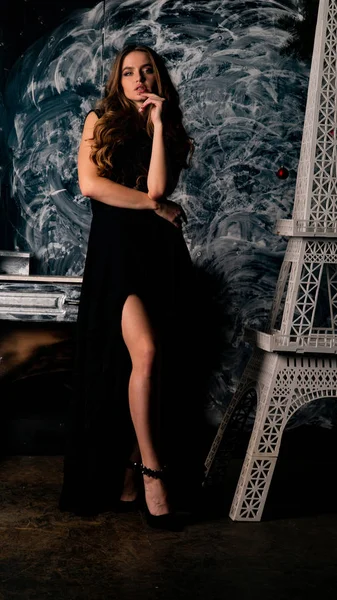 Woman Delicate Black Dress Posing Studio — Stock Photo, Image