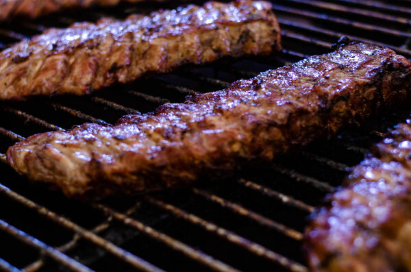 Fried meat grill, fire grille smoke.