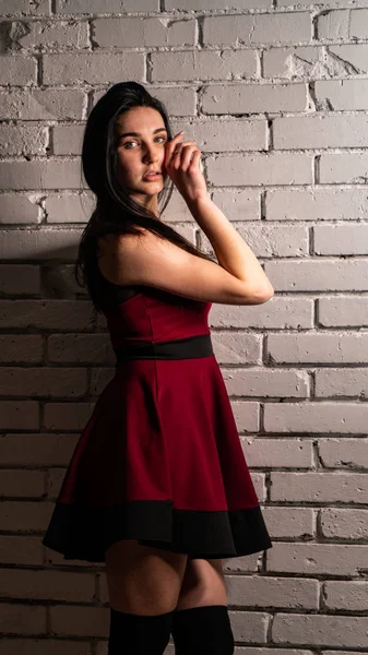 Pretty Young Sexy Model Female Dark Hair Red Dress Posing — Stock Photo, Image
