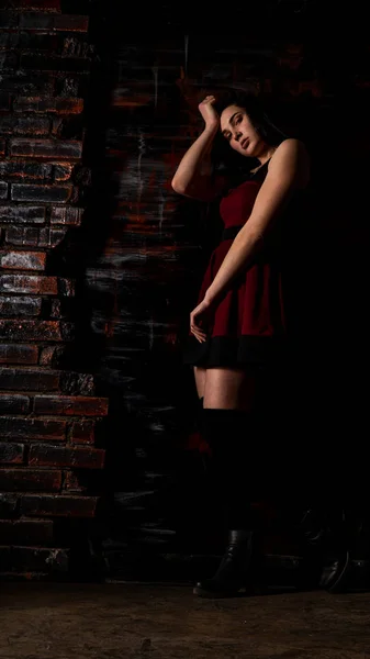 Hübsche Junge Sexy Model Hündin Mit Dunklen Haaren Rotem Kleid — Stockfoto