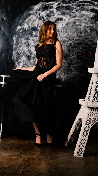Woman Delicate Black Dress Posing Studio — Stock Photo, Image