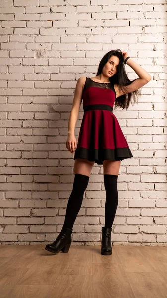 Pretty Young Sexy Model Female Dark Hair Red Dress Posing — Stock Photo, Image