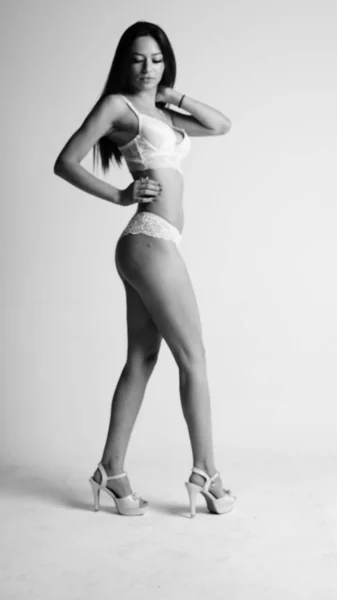 Girl White Lingerie High Heels Posing White Background — Stock Photo, Image