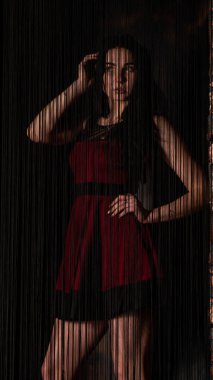 Koyu renk saçlı, kırmızı elbiseli, karanlık stüdyoda poz veren genç ve seksi bir kadın..