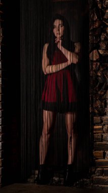 Koyu renk saçlı, kırmızı elbiseli, karanlık stüdyoda poz veren genç ve seksi bir kadın..