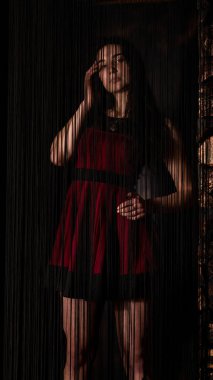 Koyu renk saçlı, kırmızı elbiseli, karanlık stüdyoda poz veren genç ve seksi bir kadın..