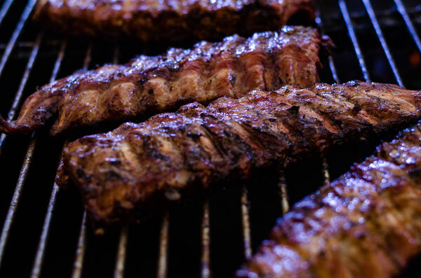 Fried meat grill, fire grille smoke.