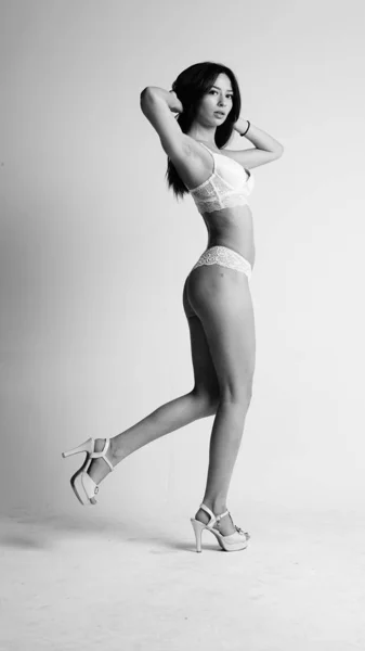 Girl White Lingerie High Heels Posing White Background — Stock Photo, Image