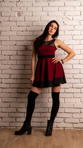 Pretty Young Sexy Model Female Dark Hair Red Dress Posing — Stock Photo, Image