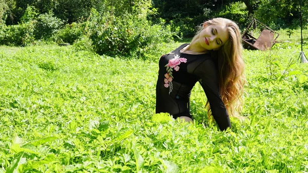 Porträtt av en ung leende blond kvinna som ligger på grönt gräs. — Stockfoto