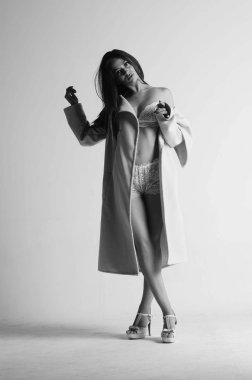 Seksi esmer kadın kürk ve iç çamaşırı giyiyor..