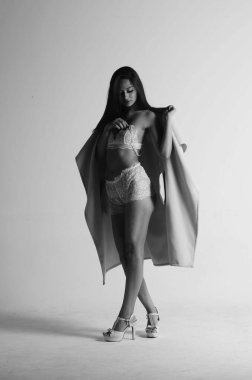 Seksi esmer kadın kürk ve iç çamaşırı giyiyor..