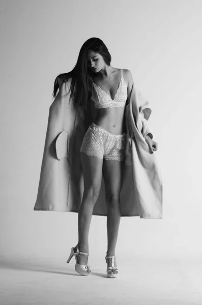 Σέξι Μελαχρινή Γυναίκα Φορούν Γούνα Και Εσώρουχα — Φωτογραφία Αρχείου