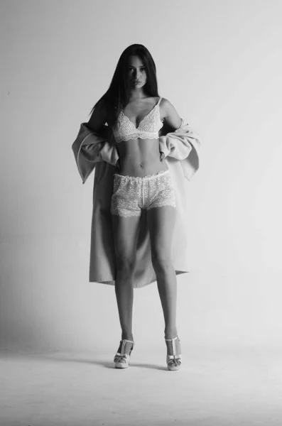 Σέξι Μελαχρινή Γυναίκα Φορούν Γούνα Και Εσώρουχα — Φωτογραφία Αρχείου