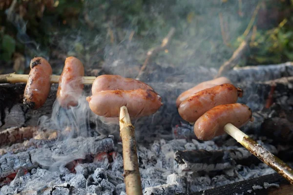 Sausage on a skewer roasting on the fire. — Stock Photo, Image