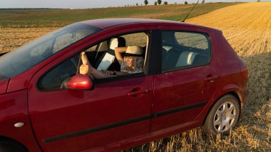 Güzel seksi sarışın kadın, kırmızı araba, tarla