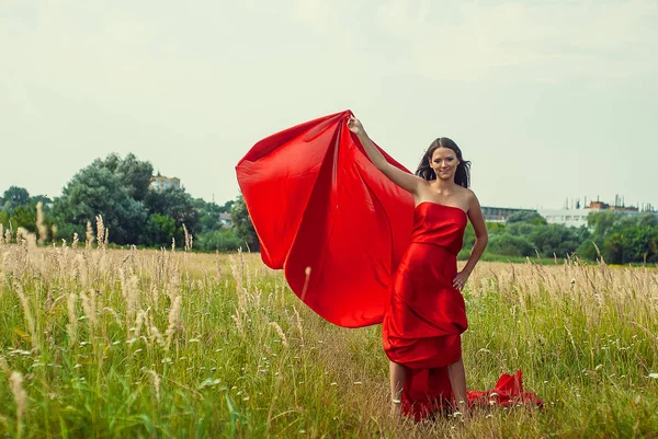Bella Ragazza Vestita Abito Rosso Posa Nel Parco Estivo — Foto Stock