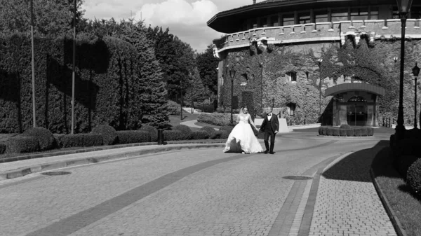 Bride and groom walking away in summer park outdoors wedding walk, typical Ukrainian wedding Lviv Ukraine 19.09.19 — Foto Stock