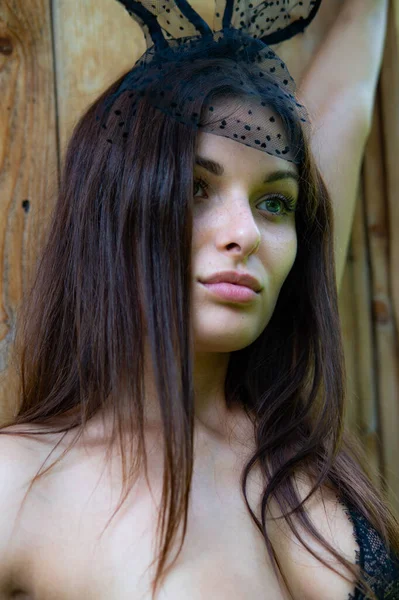 Pretty Young Brunette Woman Dressed Dark Lingerie Posing Wooden House — Stock Photo, Image