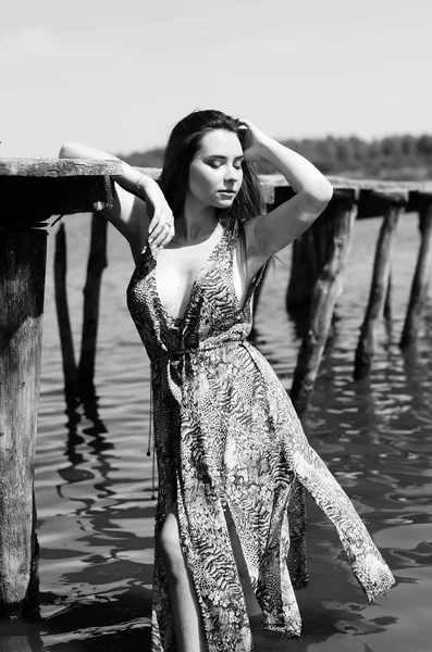一个黑头发的女人躺在湖边的木制码头上 身穿夏装的女人背对着纽西埃尔湖的木制人行天桥 背景中船屋的阳光反射 — 图库照片