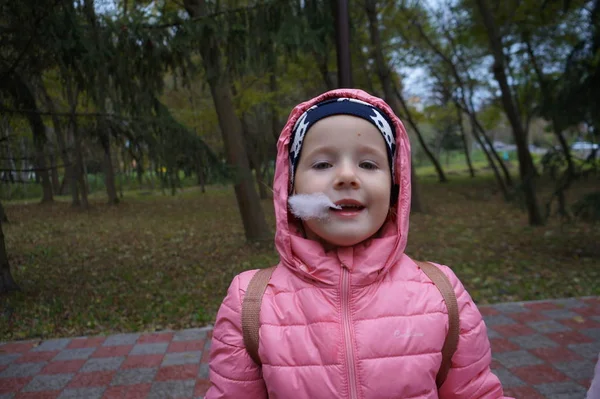 Little Girl Standing Park Eating Cotton Candy — стоковое фото