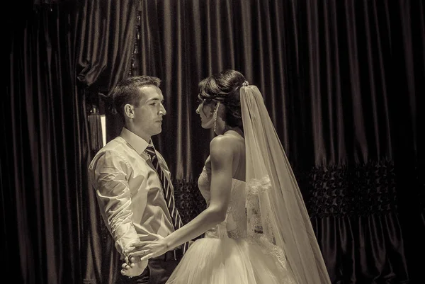 Sepia Toned Shot Illuminated Bride Groom Dancing Hall — Foto Stock