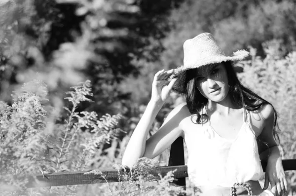 Vintage photo of a girl / sepia, black and white portrait of a beautiful young woman, happiness summer — Stock Photo, Image