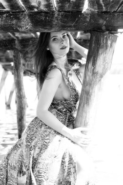 Gölün oradaki tahta iskelede poz veren siyah saçlı kadın. Sırtı Neusiedl Gölü 'nün tahta yaya köprüsüne dönmüş bir kadın. Arka plandaki kayıkhanede güneş yansımaları