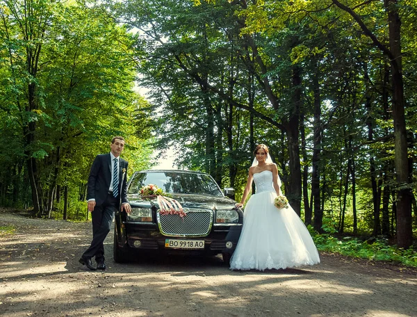 Nevěsta Ženich Pózují Lesklé Auto Zelené Scéně — Stock fotografie