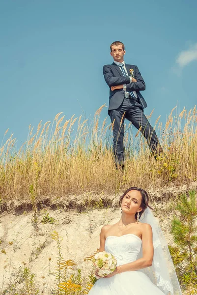 Frischvermählte Posieren Natürlicher Szene Bräutigam Steht Auf Hügel Über Braut — Stockfoto