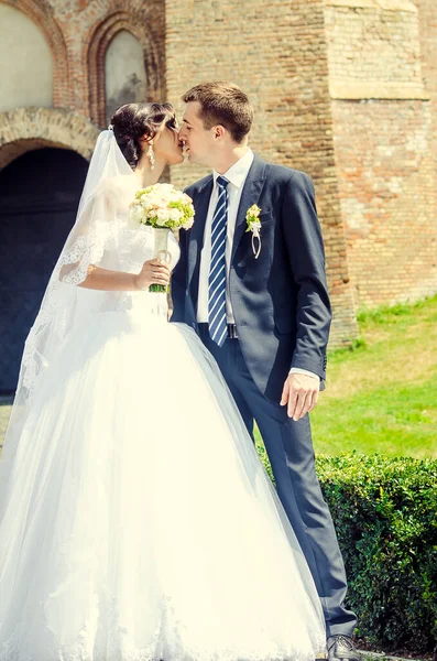 Groom Bride Kissing Bright Sunlight — Fotografia de Stock