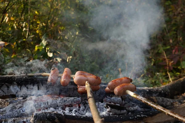 Колбаса на шампуре, жарящейся на огне . — стоковое фото