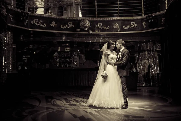 Sepia Toned Shot Illuminated Bride Groom Dancing Hall — Stockfoto