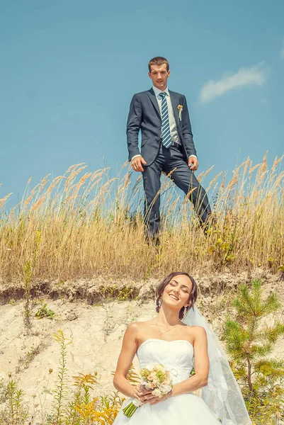 Newlyweds Posing Natural Scene Groom Standing Hilltop Bride — Stock Photo, Image