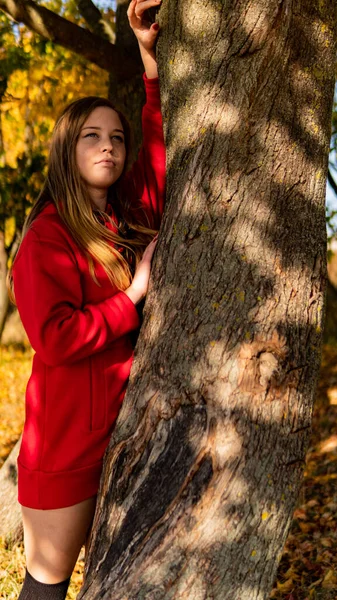 Ongelooflijk prachtig meisje in een rode jurk. De achtergrond is fantastisch herfst. Artistieke fotografie. — Stockfoto