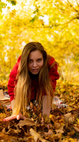 Unglaubliche atemberaubende Mädchen in einem roten Kleid. Hintergrund ist ein fantastischer Herbst. künstlerische Fotografie. — Stockfoto