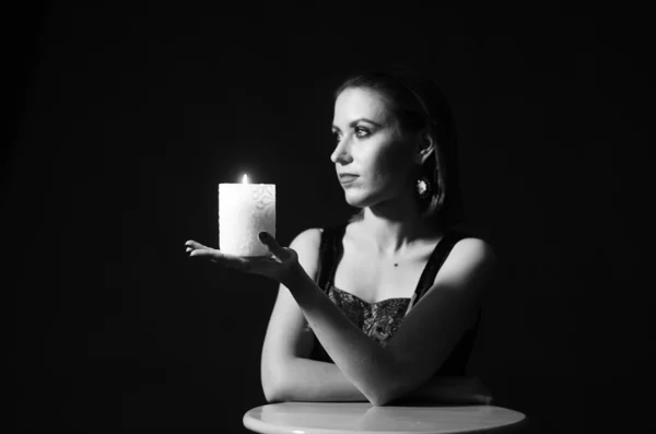 Mysterious Magic Close Women Hands Conjure Burning Candle Isolation Black — Stock Photo, Image