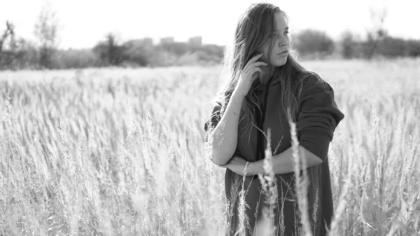 Beautiful Sexy Girl Walking Meadow Sunny Day — Stock Photo, Image