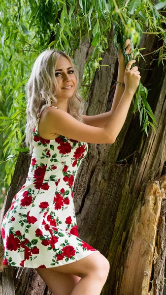 Sexy Mujer Rubia Verano Vestido Naturaleza —  Fotos de Stock
